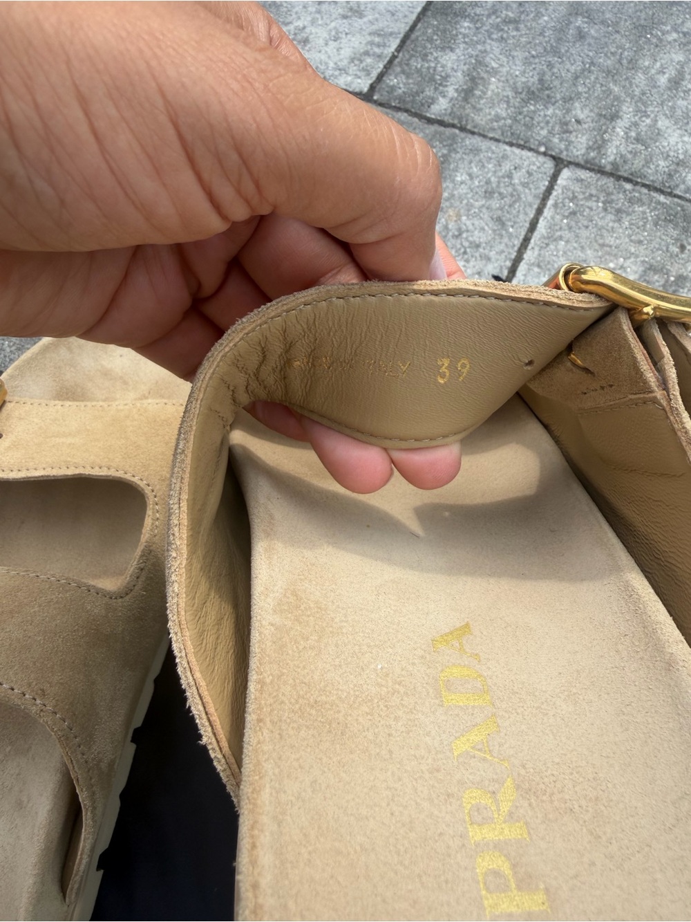 Prada women’s tan Suede Double-Buckle Slide Sandals with Gold Buckles - Picture 9 of 10